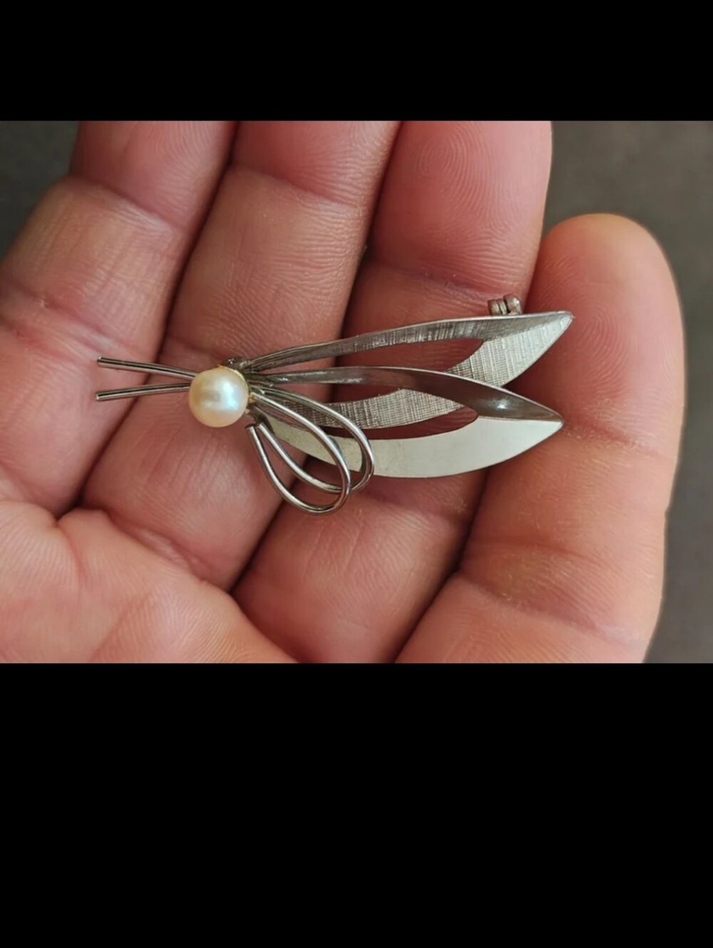 1950s/60s Sterling Silver Modernist With Cultured Pearl Brooch